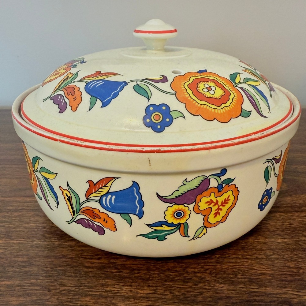 Vintage Halls Pottery‎ 2 Qt Round Covered Casserole w Lid Fantasy Flower Pattern